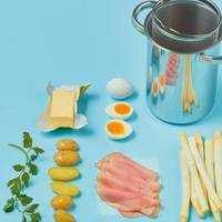 Serveersuggestie Asperges met boter, ham en ei