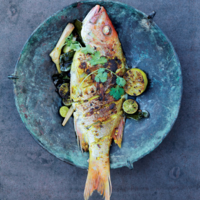Serveersuggestie Gerookte Red Snapper Met Kruidenboemboe En Verschillende Limoensoorten