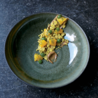 Serveersuggestie geroosterde witte chocolade met sinaasappel dille en pistache